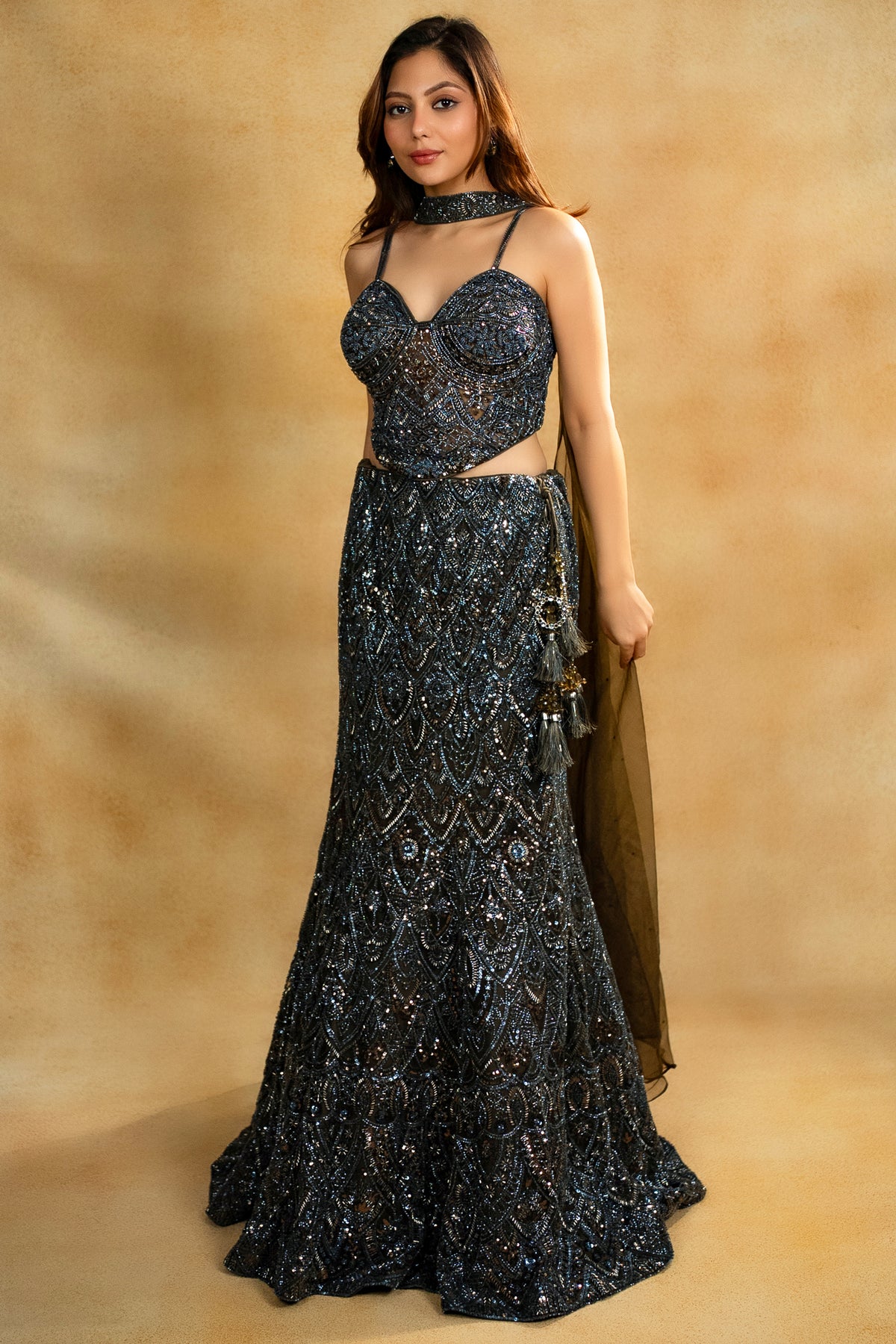 Dark Olive Green Net Fish Cut Lehenga featuring a sophisticated ombre transition