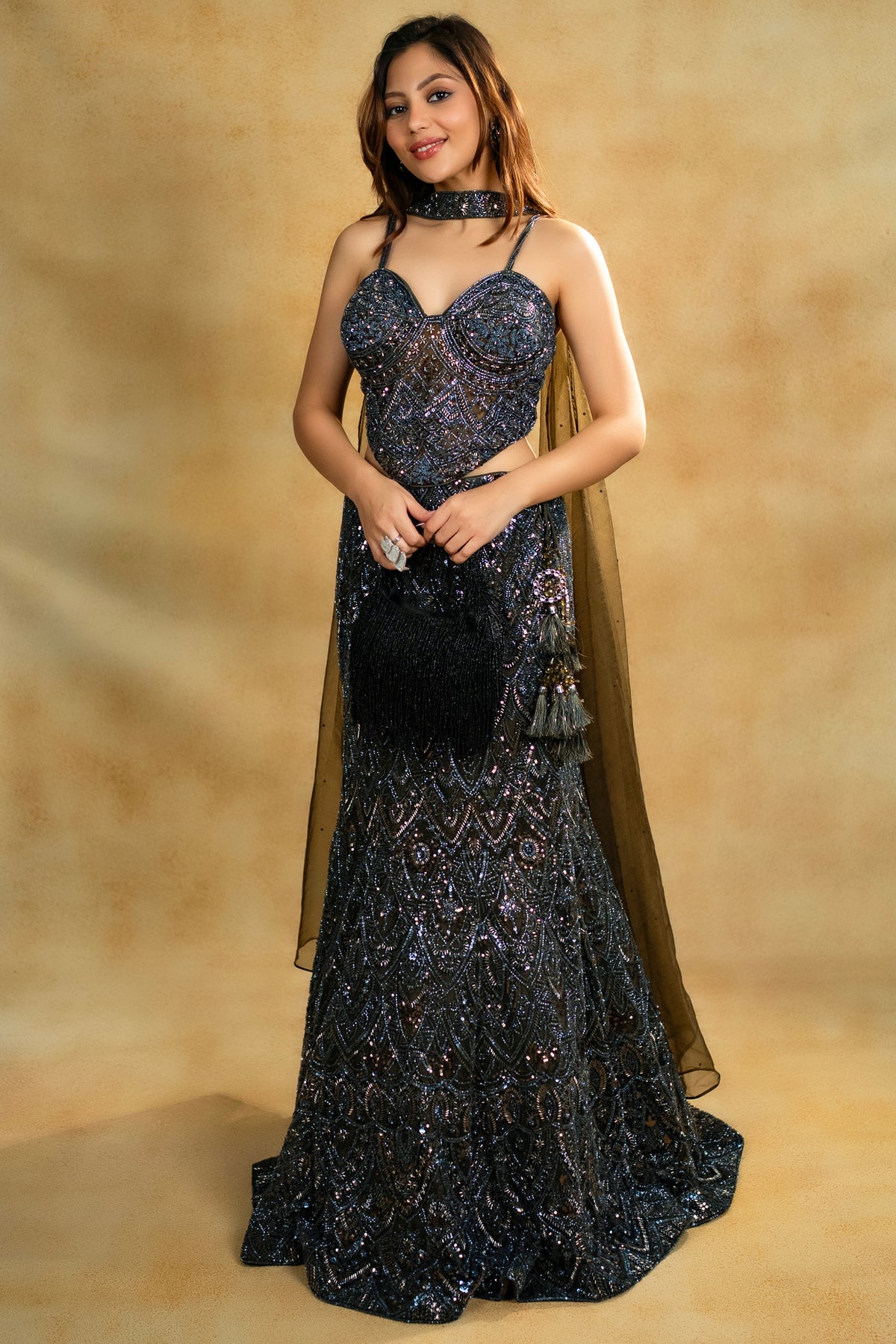 Dark Olive Green Net Fish Cut Lehenga for high-glamour evening receptions