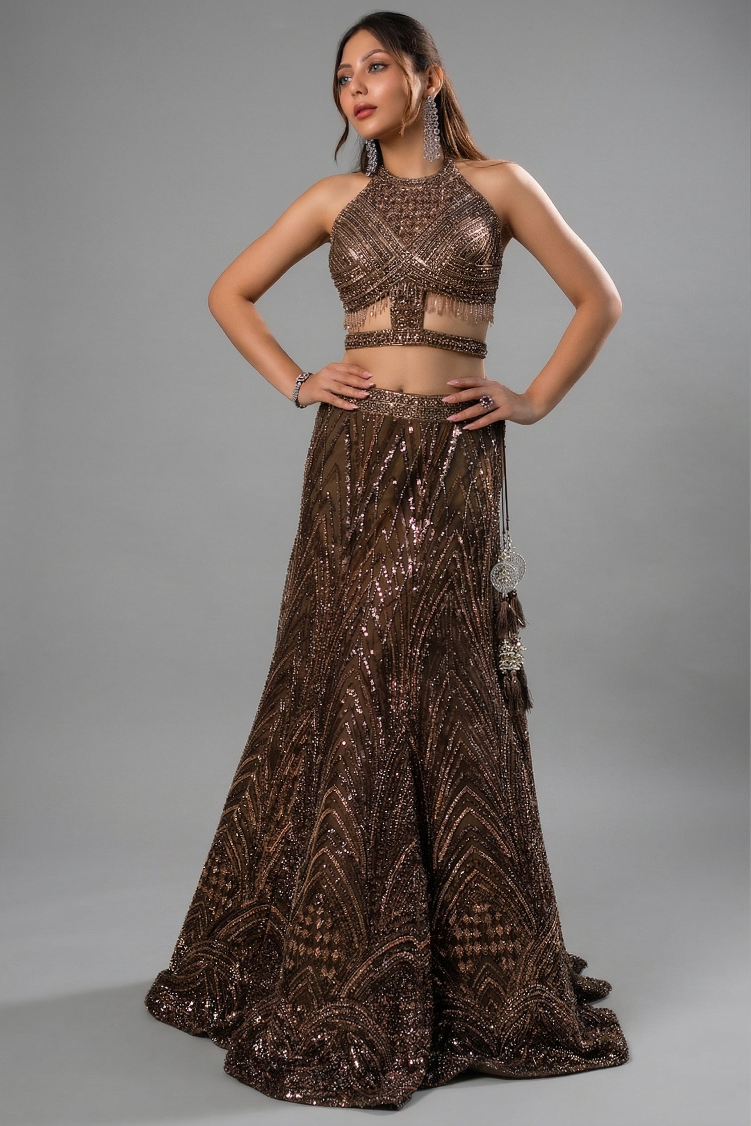 Brown Net Sequinned Fish Cut Lehenga with Halter Neck Blouse - Front View