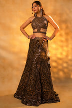 Brown Net Sequinned Fish Cut Lehenga with Halter Neck Blouse featuring a chic mermaid-style skirt