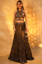 Designer Brown Net Sequinned Fish Cut Lehenga with Halter Neck Blouse for high-fashion receptions
