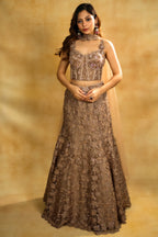 Rose Gold Net Sequinned Fish Cut Lehenga with Corset Blouse featuring a sophisticated fish-cut silhouette
