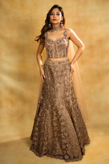 Designer Rose Gold Net Sequinned Fish Cut Lehenga with Corset Blouse for high-glam occasions