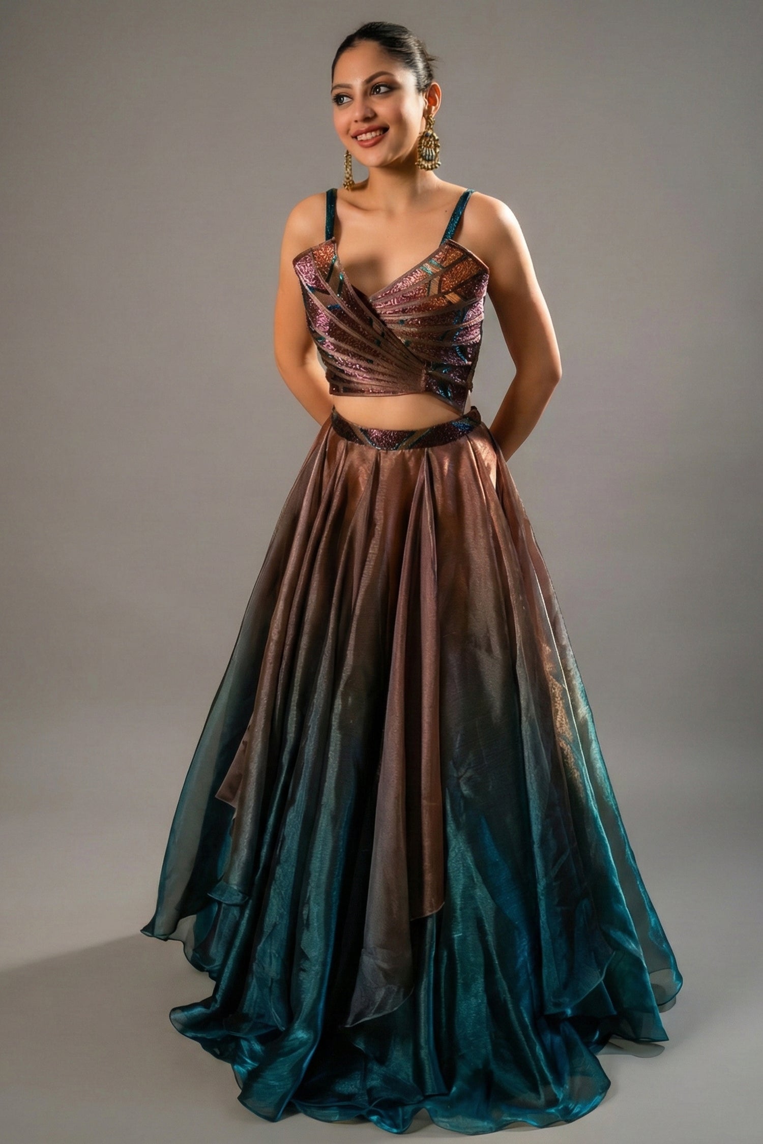 Brown and Prussian Blue Glass Organza Asymmetrical Lehenga - Front View