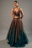 Brown and Prussian Blue Glass Organza Asymmetrical Lehenga - Front View
