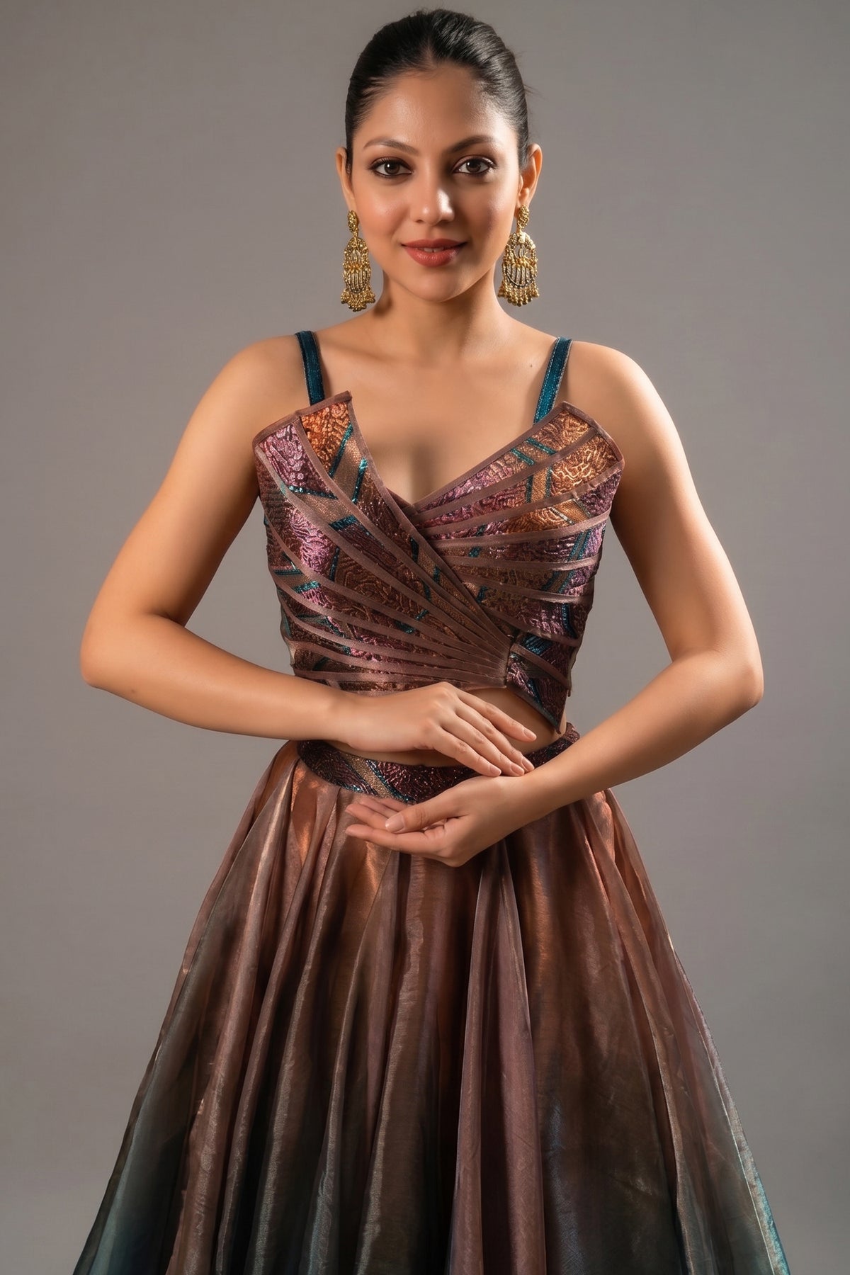 Close-up of the ombre effect and cutdana work on the Brown and Prussian Blue Glass Organza Asymmetrical Lehenga