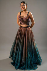 Brown and Prussian Blue Glass Organza Asymmetrical Lehenga - Front View