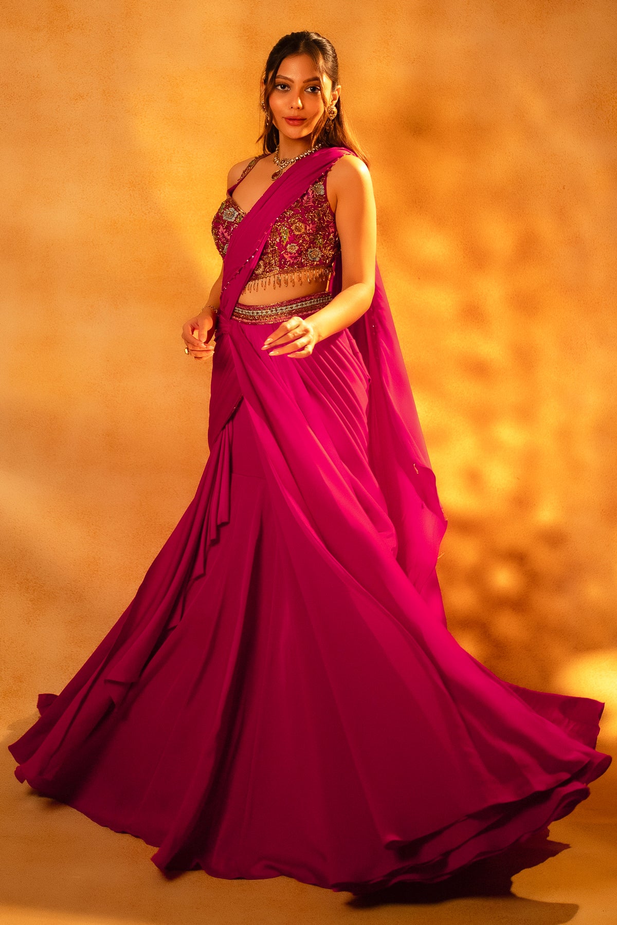 Designer Pink Crepe Satin Draped Lehenga for festive celebrations
