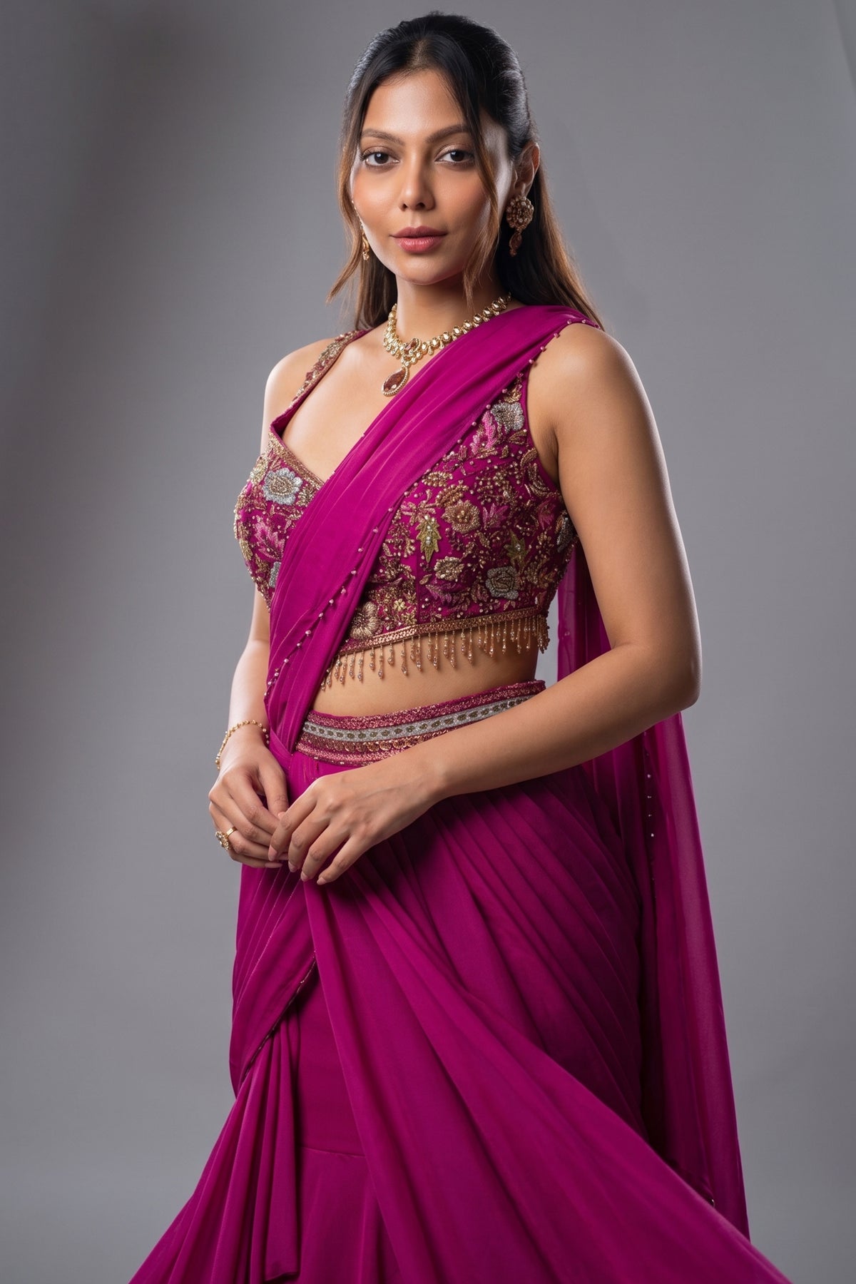 Close-up of sequins, cutdana, and zardosi work on the Pink Crepe Satin Draped Lehenga
