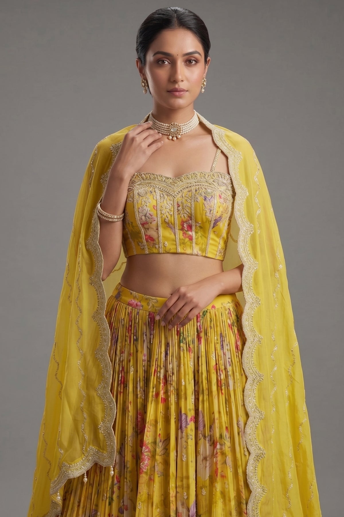 Close-up of sequins and cutdana work on the Lime Yellow Chiffon Chinon Silk Lehenga