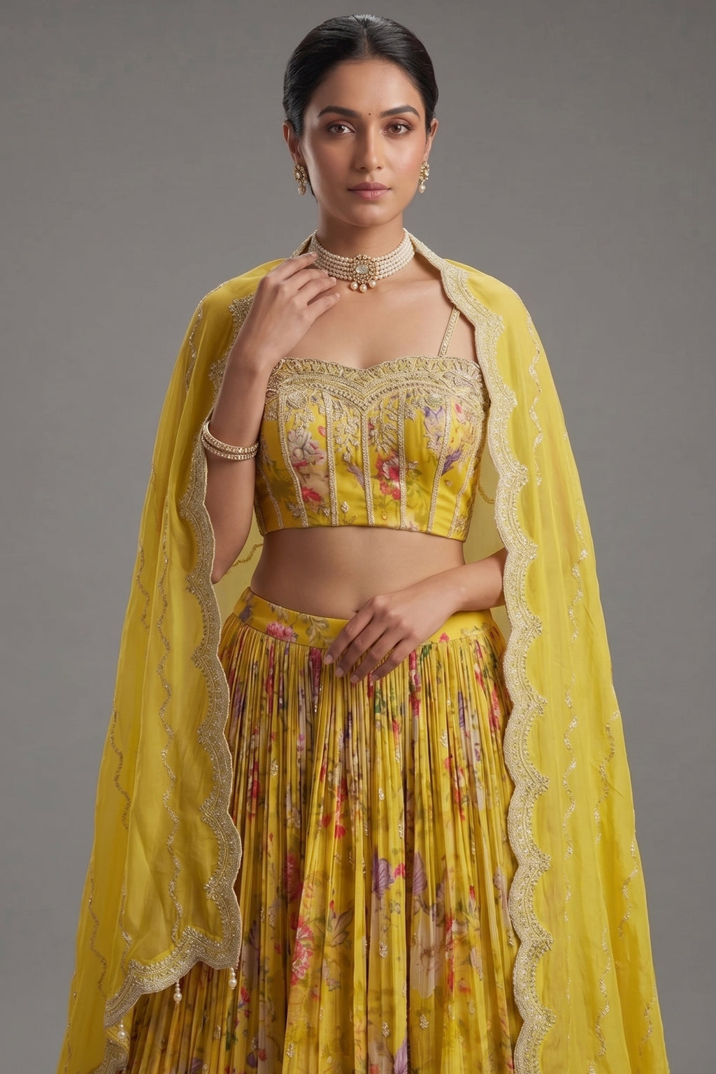 Close-up of sequins and cutdana work on the Lime Yellow Chiffon Chinon Silk Lehenga