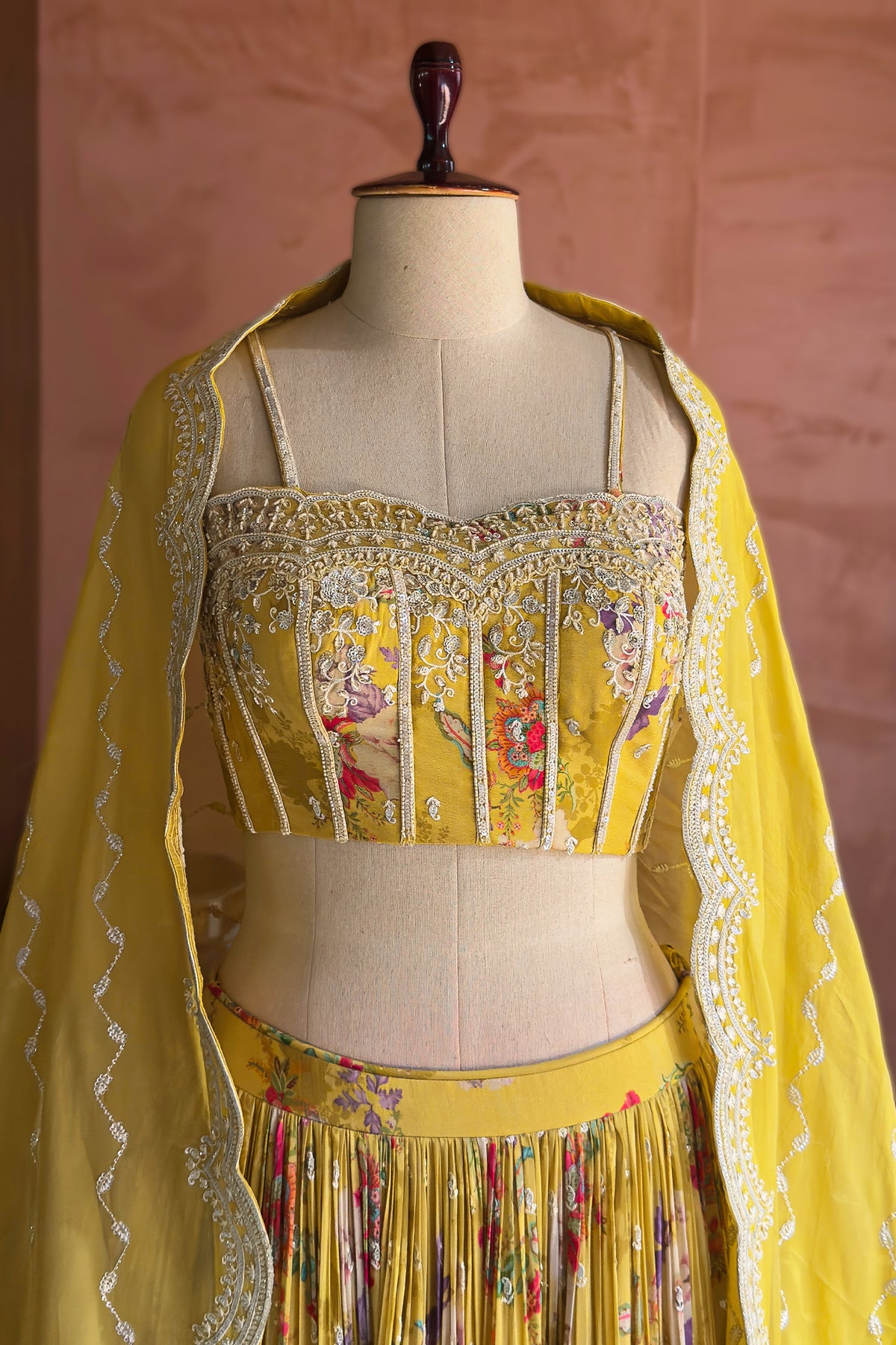 Lime Yellow Chiffon Chinon Silk Lehenga paired with a sheer scalloped dupatta