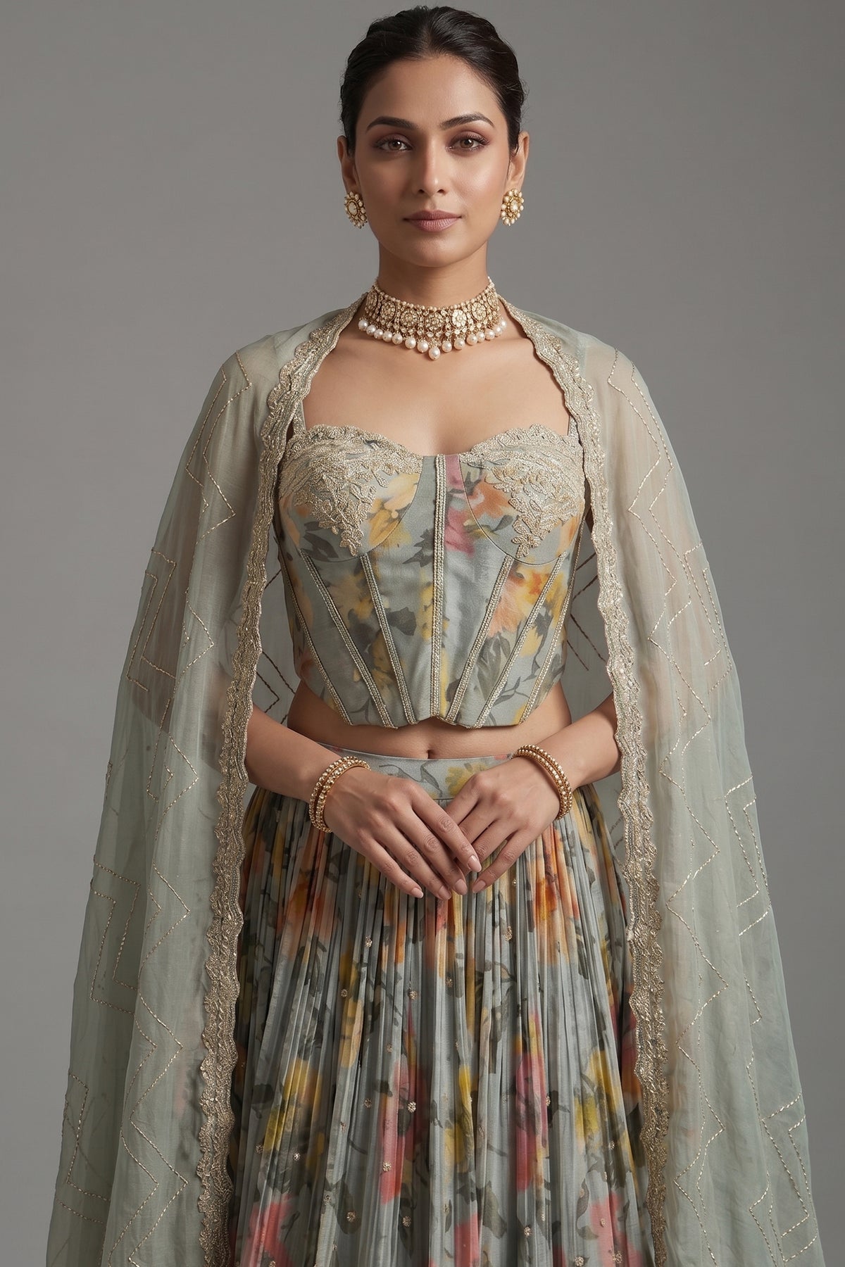 Close-up of 3D floral embroidery and sequins on the Light Sage Green Corset Lehenga
