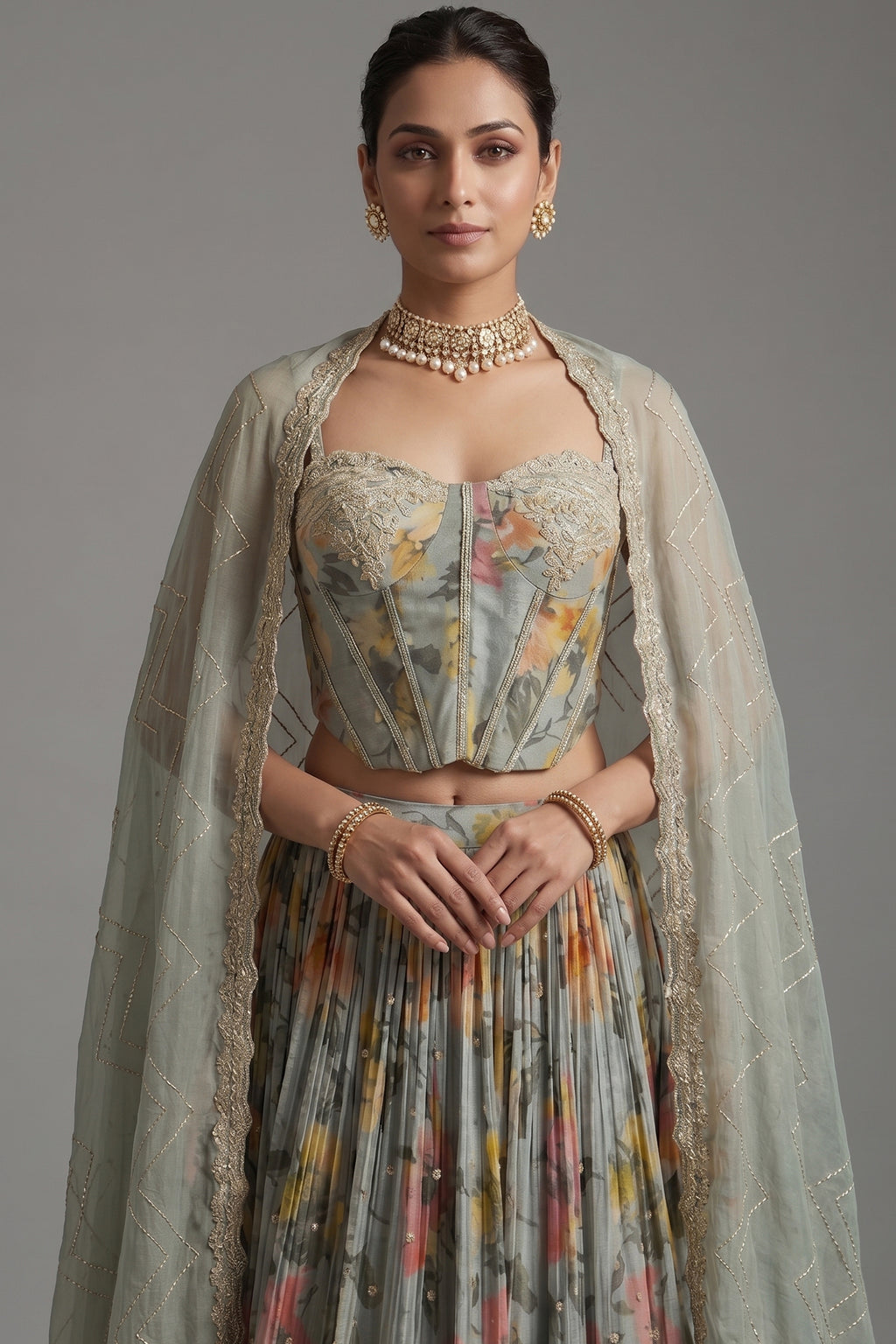 Close-up of 3D floral embroidery and sequins on the Light Sage Green Corset Lehenga