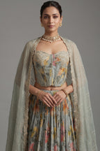 Close-up of 3D floral embroidery and sequins on the Light Sage Green Corset Lehenga