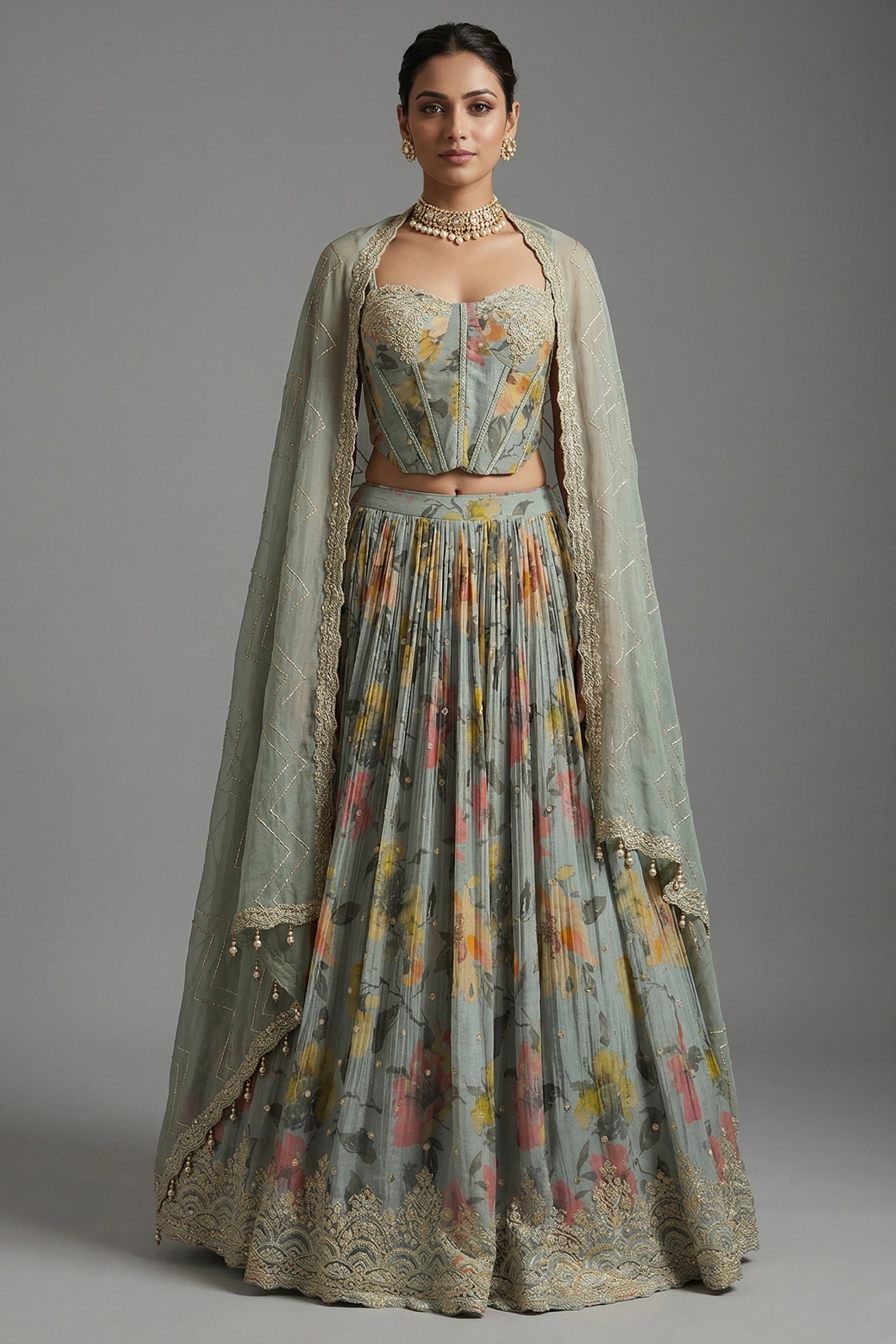 Light Sage Green Corset Lehenga - Front View