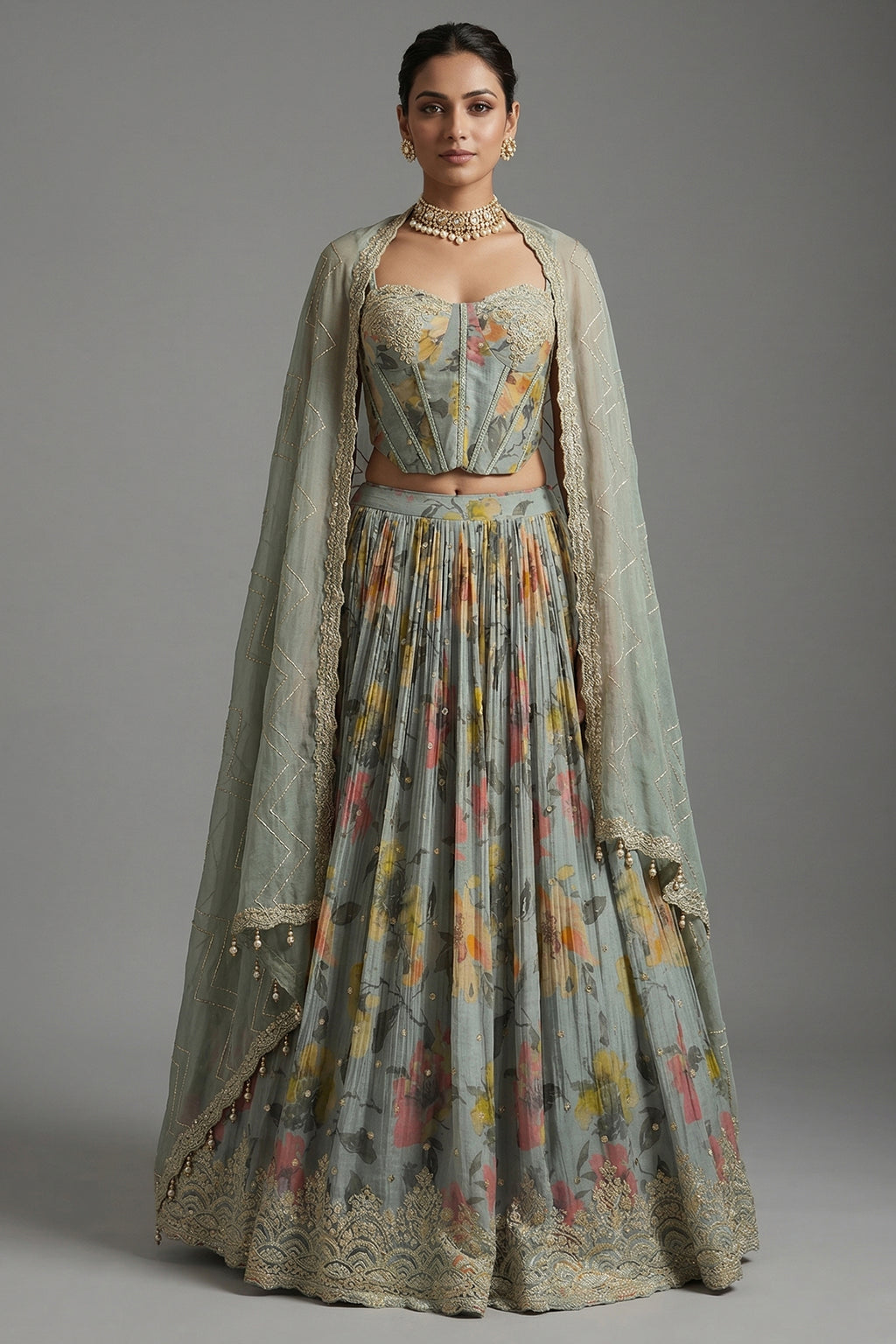 Light Sage Green Corset Lehenga - Front View