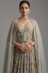 Close-up of 3D floral embroidery and sequins on the Light Sage Green Corset Lehenga