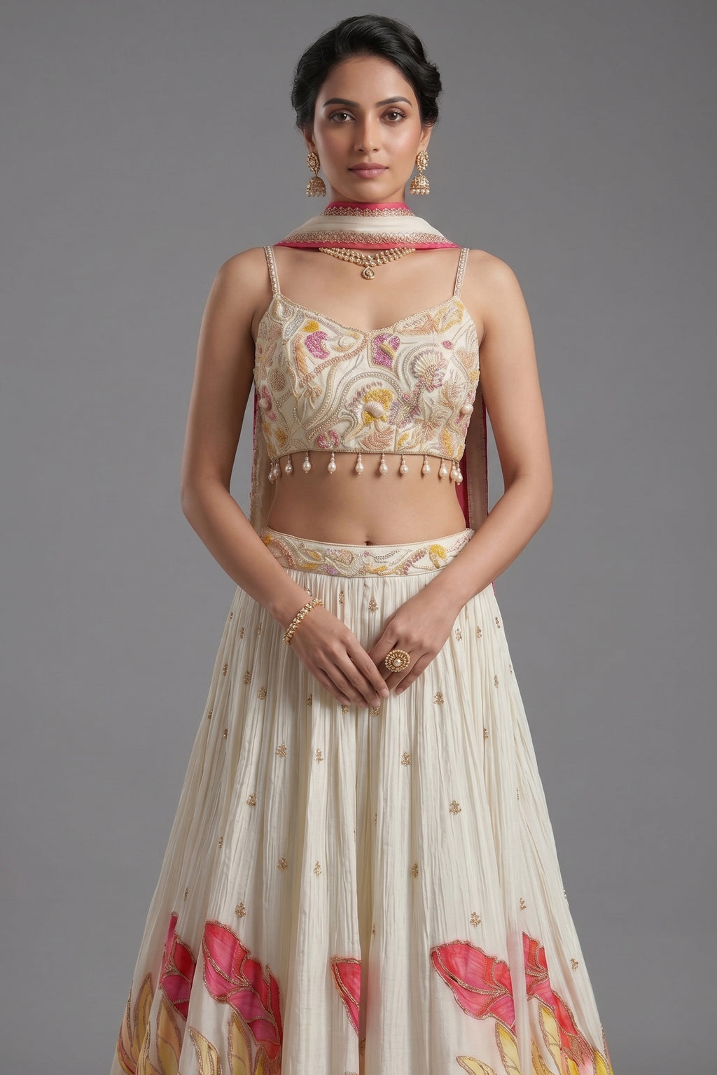 Close-up of authentic shell detailing and hand-sewn beads on the Off White Chinon Silk Lehenga