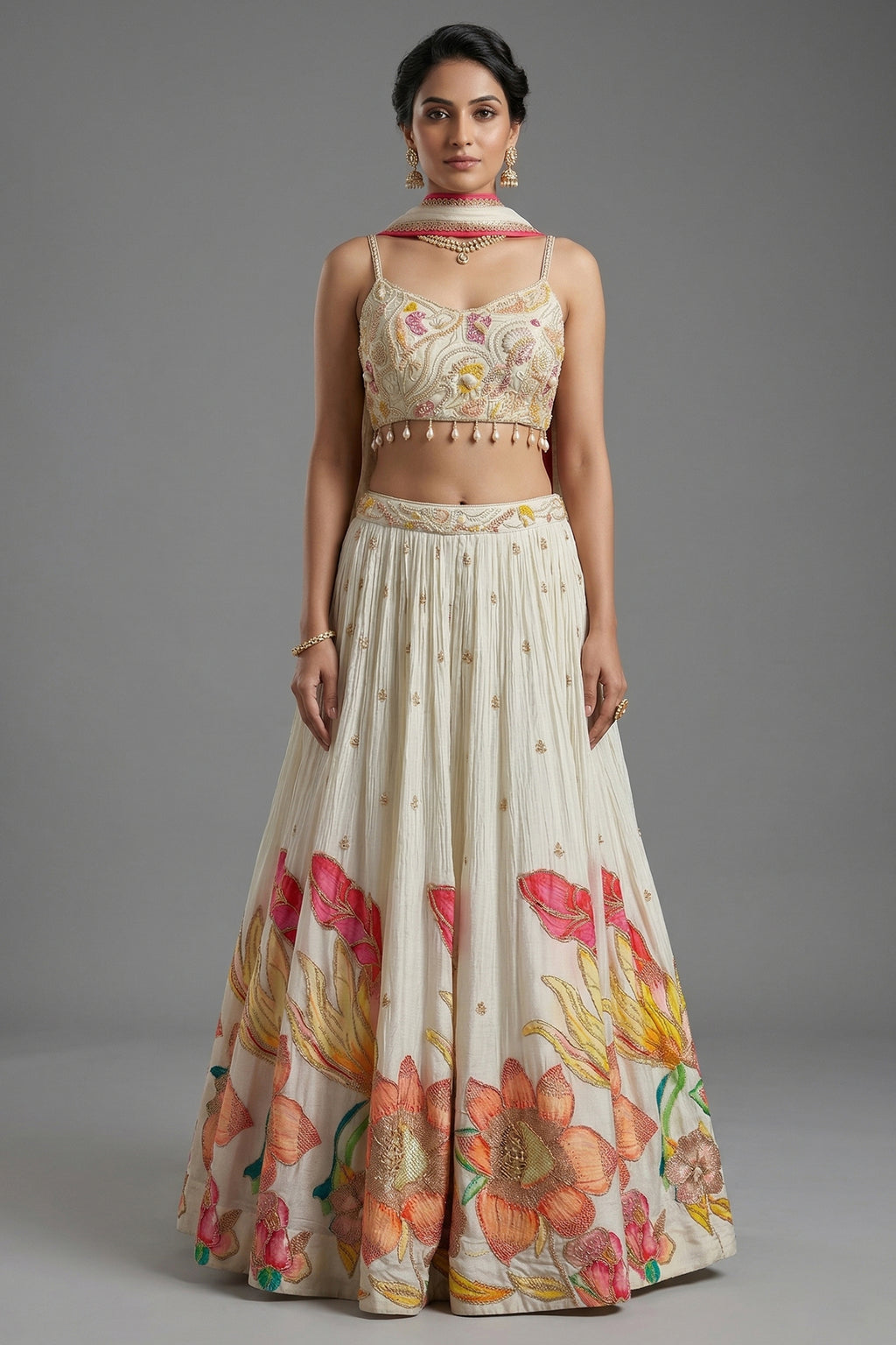 Off White Chinon Silk Lehenga - Front View