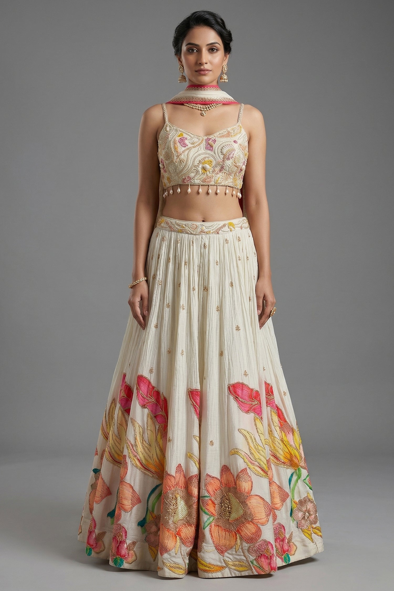 Off White Chinon Silk Lehenga - Front View
