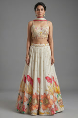 Off White Chinon Silk Lehenga - Front View