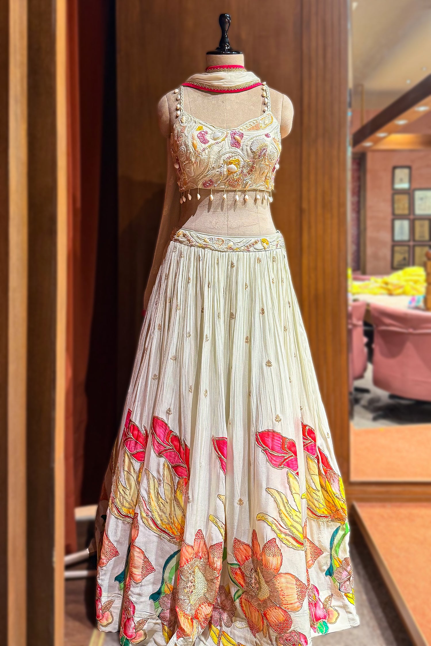 Off White Chinon Silk Lehenga featuring a soft botanical floral print skirt