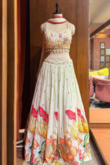 Off White Chinon Silk Lehenga featuring a soft botanical floral print skirt