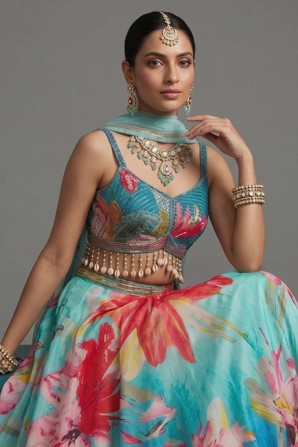 Close-up of artisanal shell detailing and sequins on the Turquoise Blue Crepe Silk Lehenga