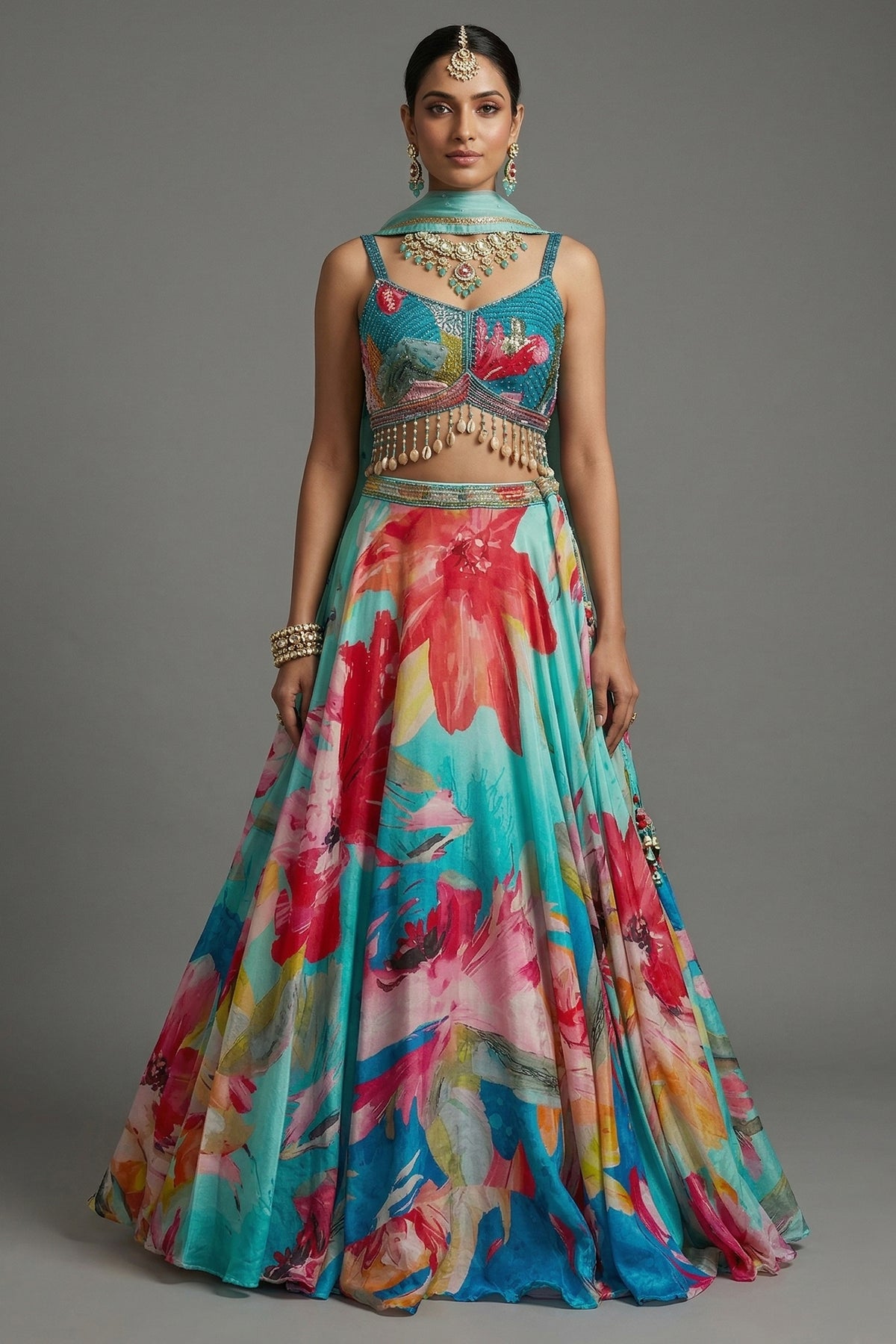 Turquoise Blue Crepe Silk Lehenga - Front View