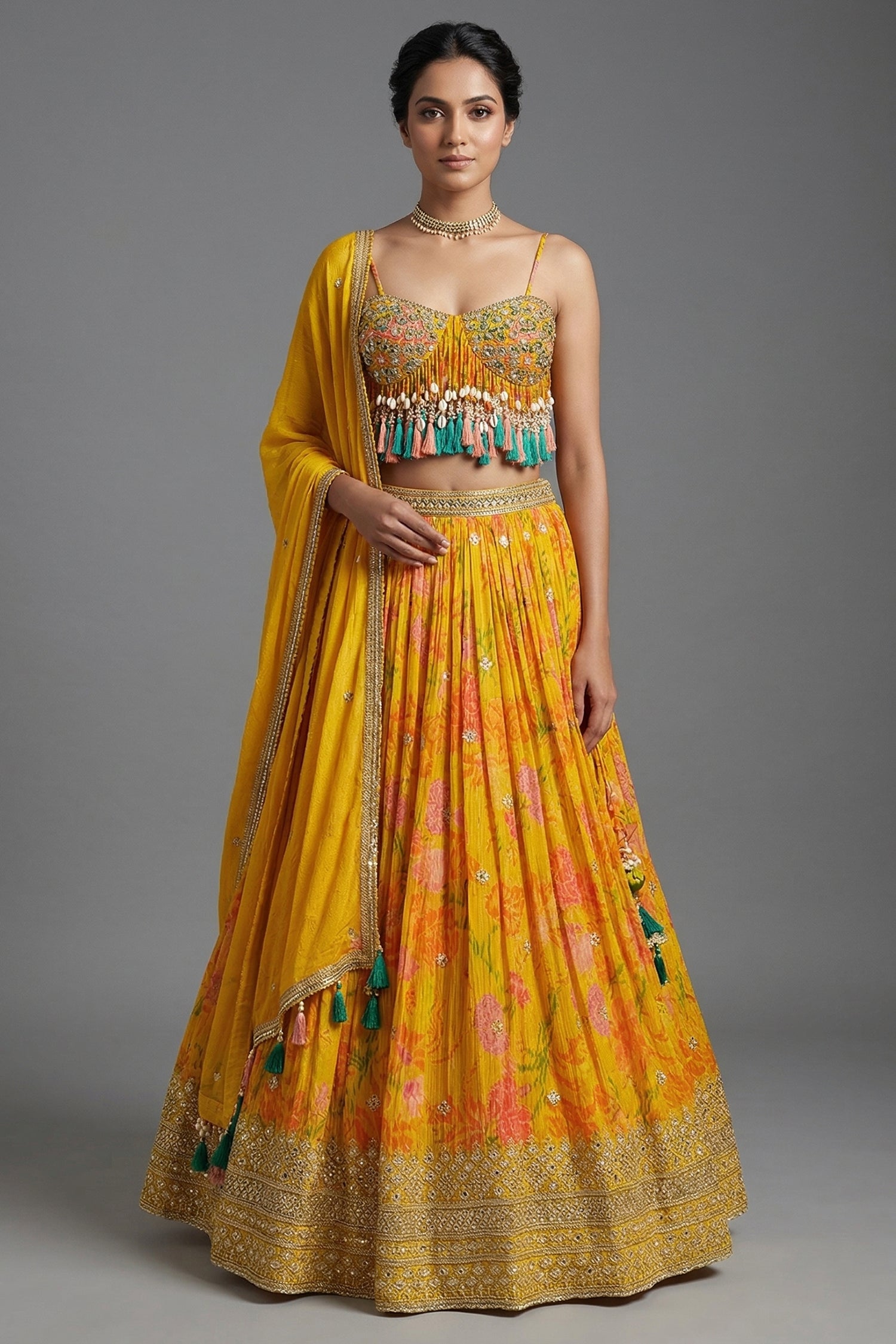 Amber Yellow Mustard Organza Printed Lehenga Set - Front View