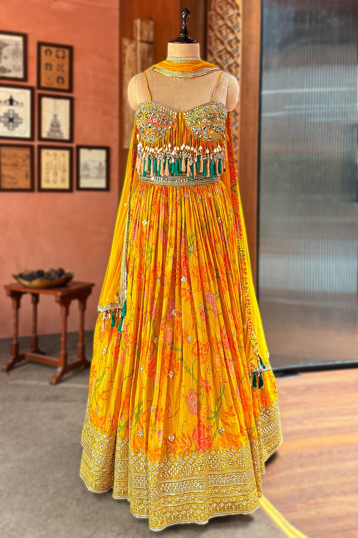 Amber Yellow Mustard Organza Printed Lehenga Set featuring a voluminous floral skirt