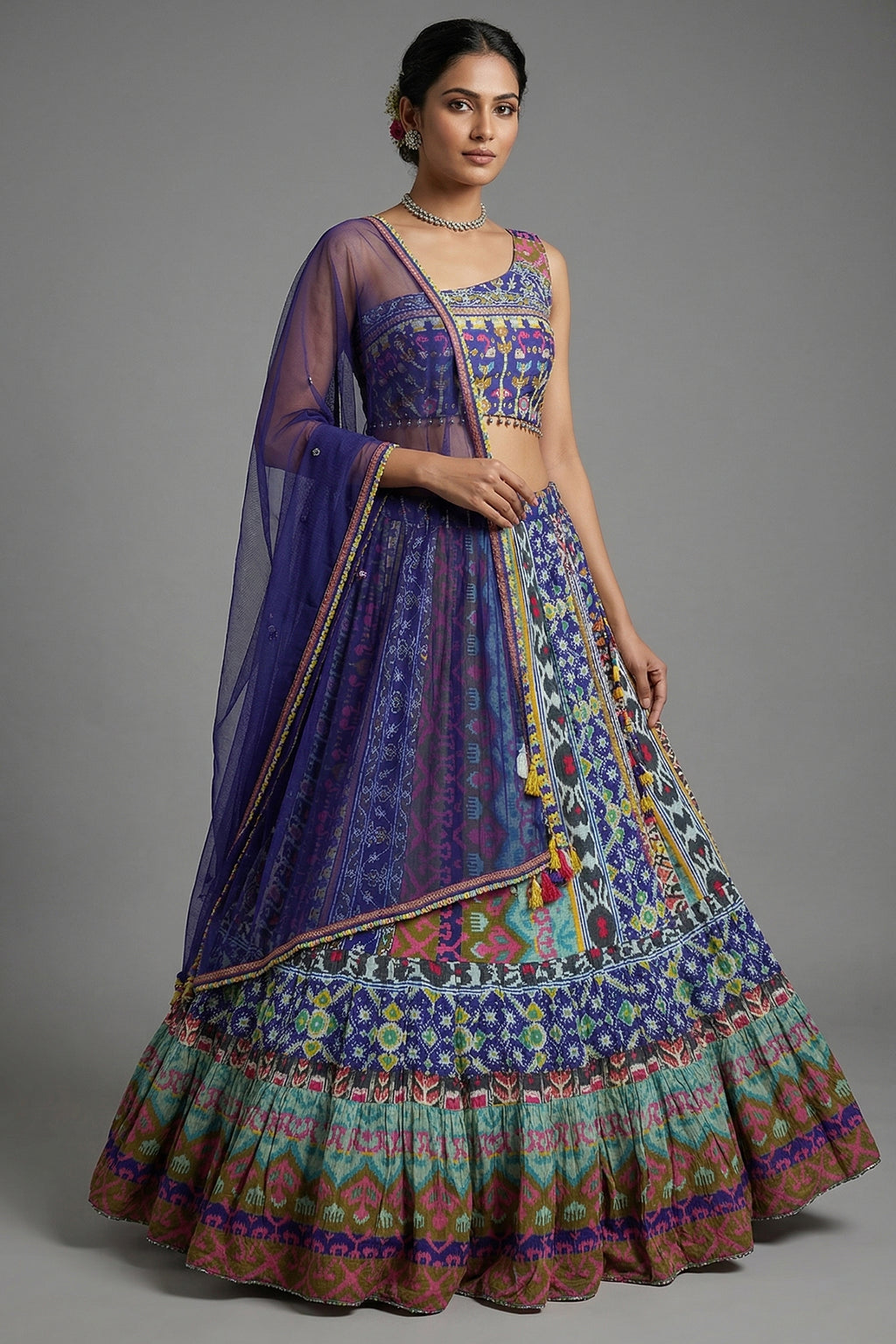 Blue Crepe Silk Printed Asymmetric Neckline Lehenga Set - Front View