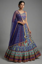 Blue Crepe Silk Printed Asymmetric Neckline Lehenga Set - Front View
