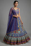 Blue Crepe Silk Printed Asymmetric Neckline Lehenga Set - Front View