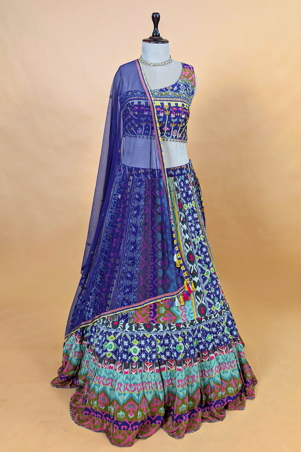 Blue Crepe Silk Printed Asymmetric Neckline Lehenga Set featuring a modern one-shoulder blouse