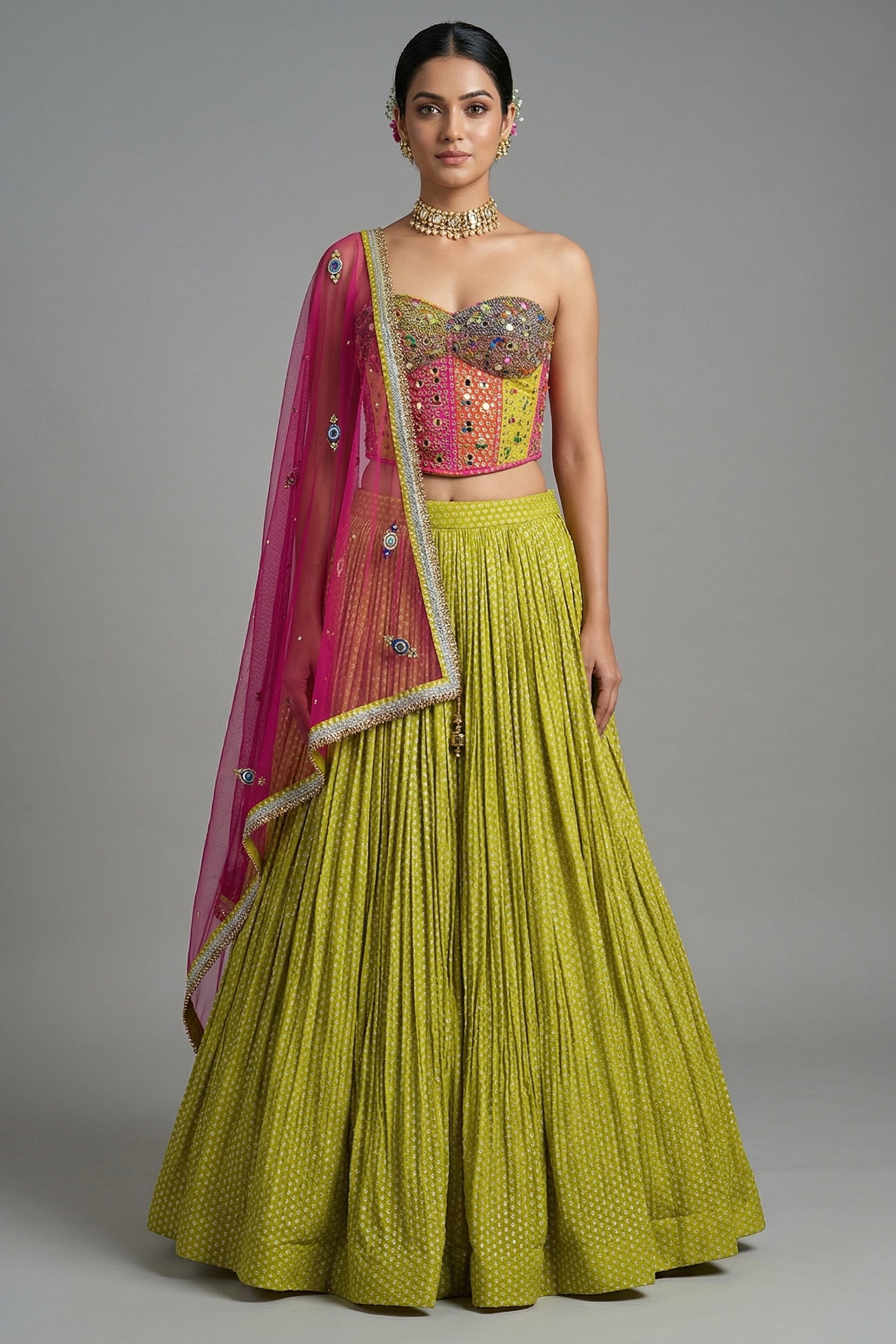 Citrine Yellow Chinon Pleated Corset Lehenga Set - Front View