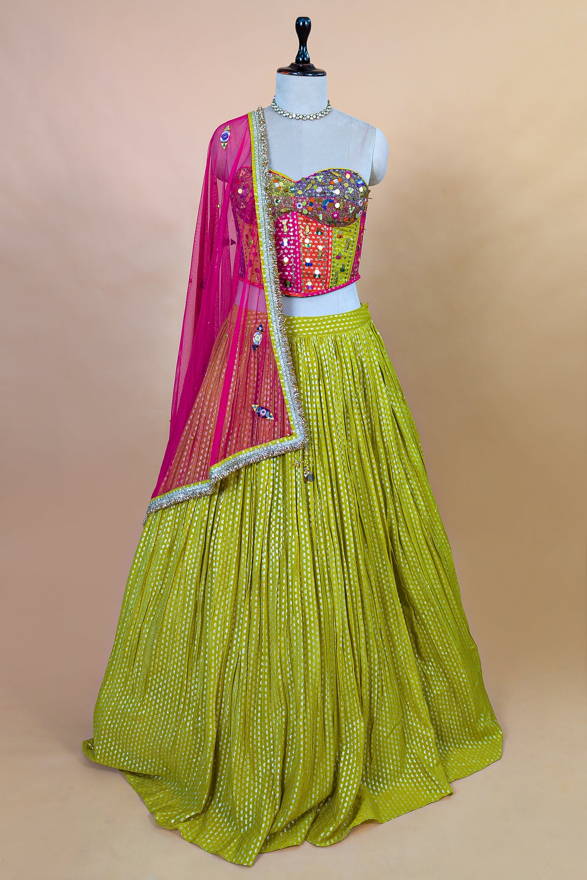 Citrine Yellow Chinon Pleated Corset Lehenga Set featuring vertical pleated tiers