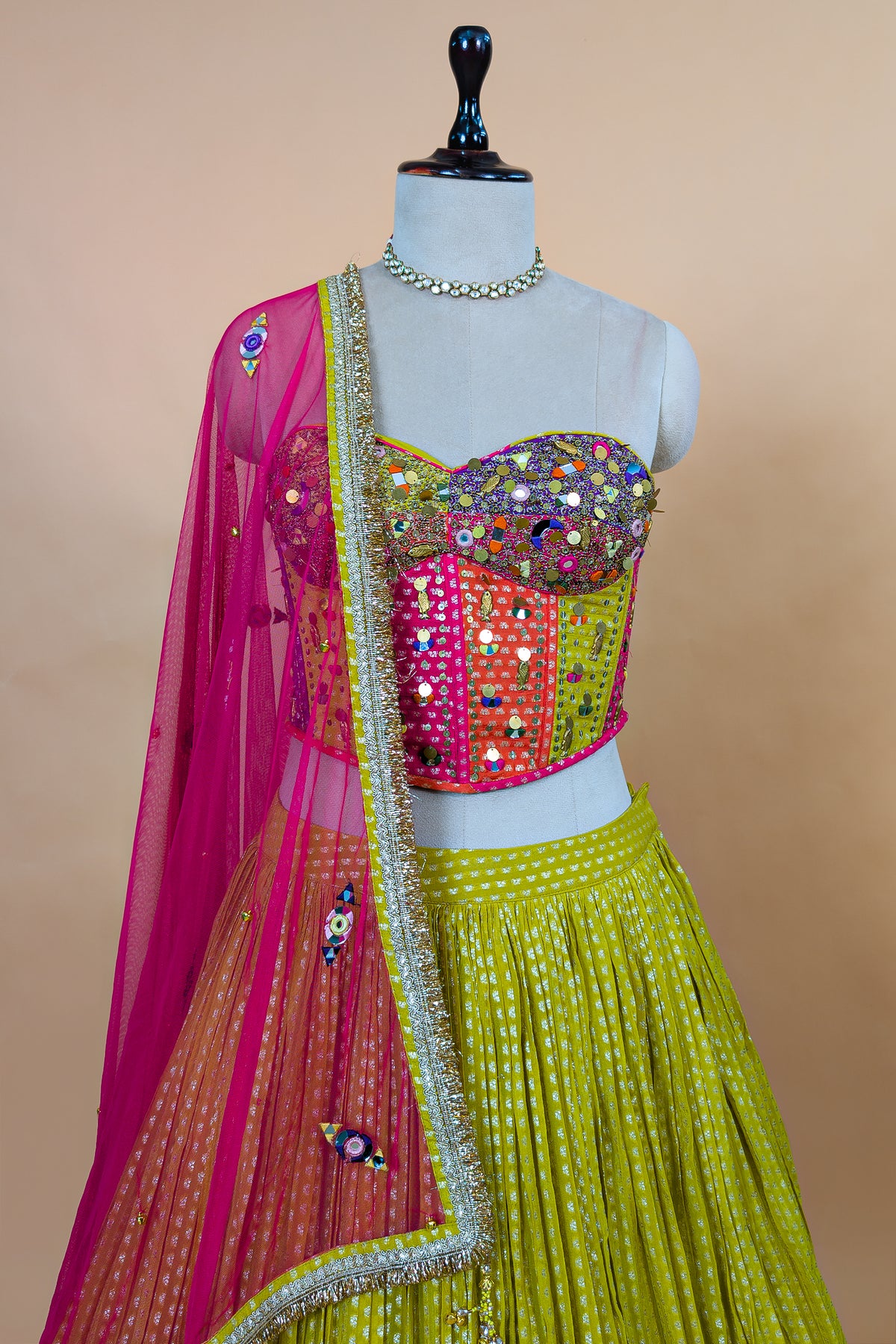 Designer Citrine Yellow Chinon Pleated Corset Lehenga Set for Haldi ceremonies