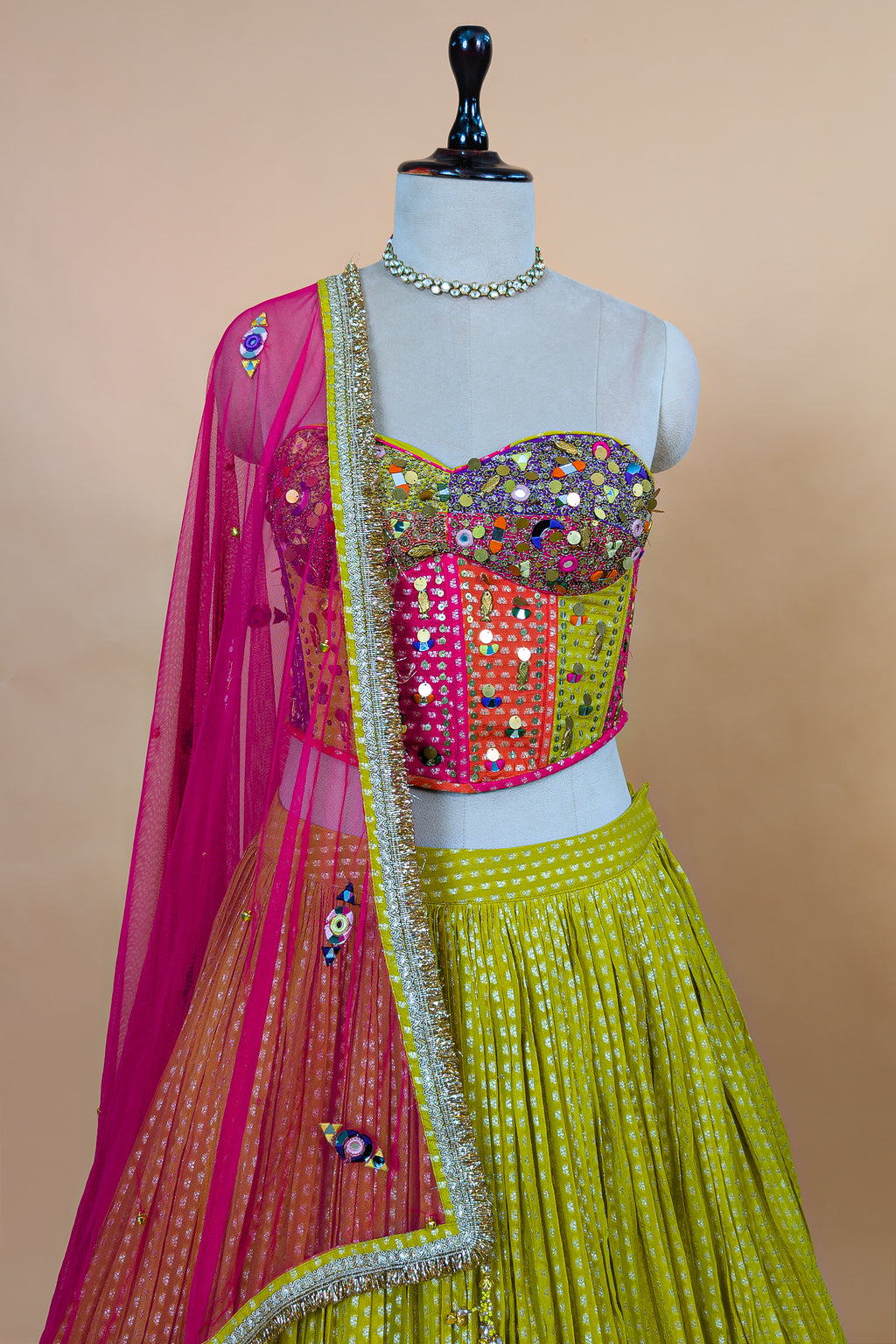 Designer Citrine Yellow Chinon Pleated Corset Lehenga Set for Haldi ceremonies