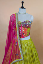 Designer Citrine Yellow Chinon Pleated Corset Lehenga Set for Haldi ceremonies