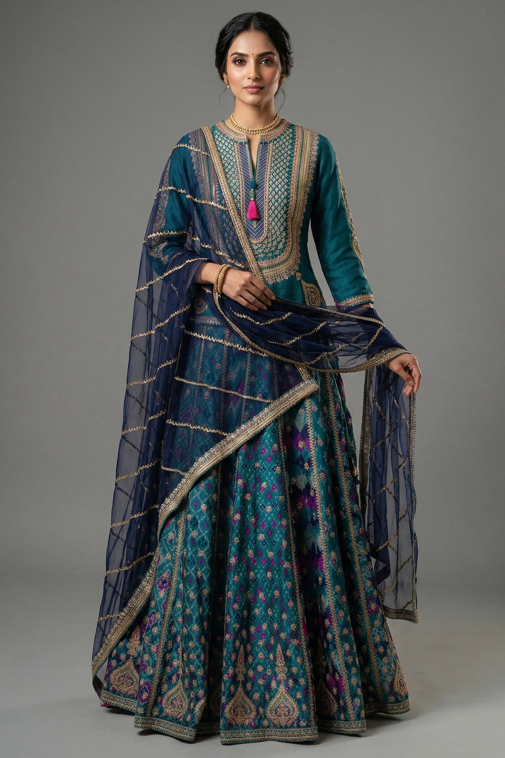 Peacock Blue Silk Sequin Embroidered Lehenga Set - Front View