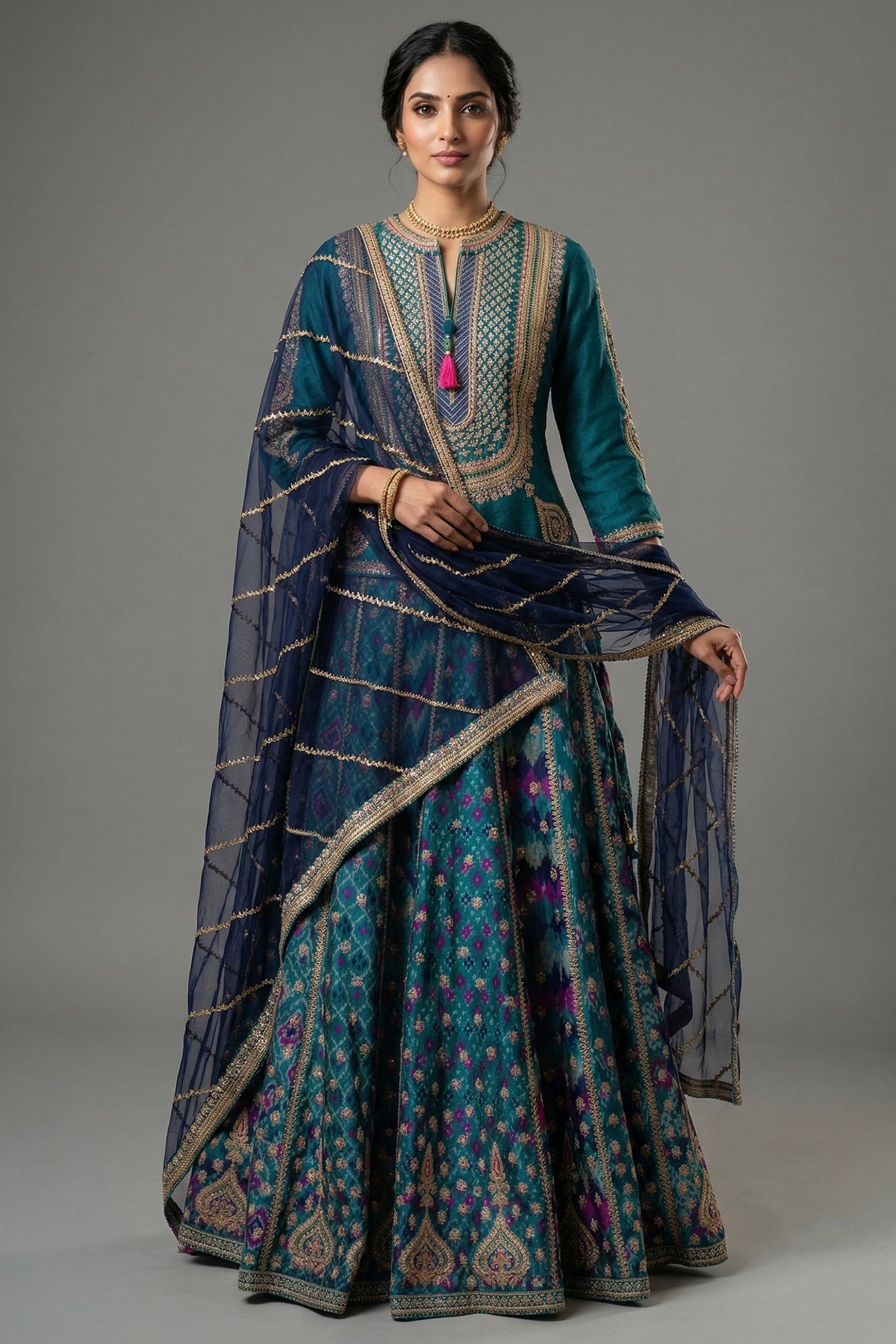Peacock Blue Silk Sequin Embroidered Lehenga Set - Front View