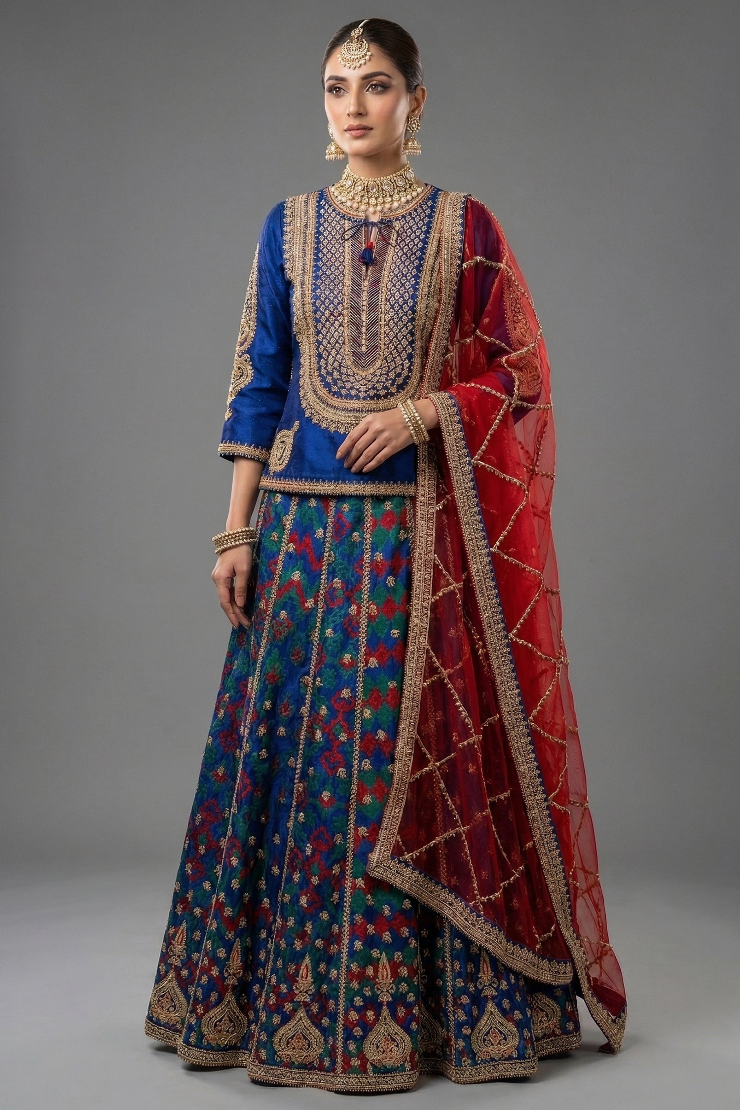 Blue Silk Sequin Embroidered Lehenga Set - Front View