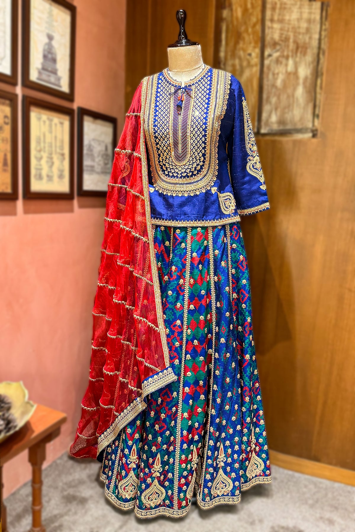 Blue Silk Sequin Embroidered Lehenga Set featuring a multi-patterned digital print skirt