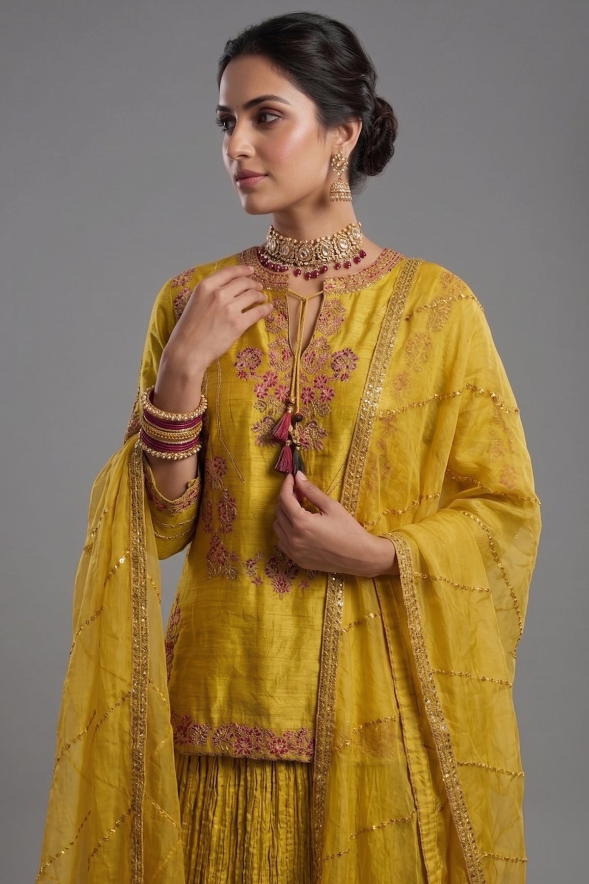 Close-up of floral Zardosi work on the Light Yellow Chanderi Silk Sequin Embroidered Lehenga Set