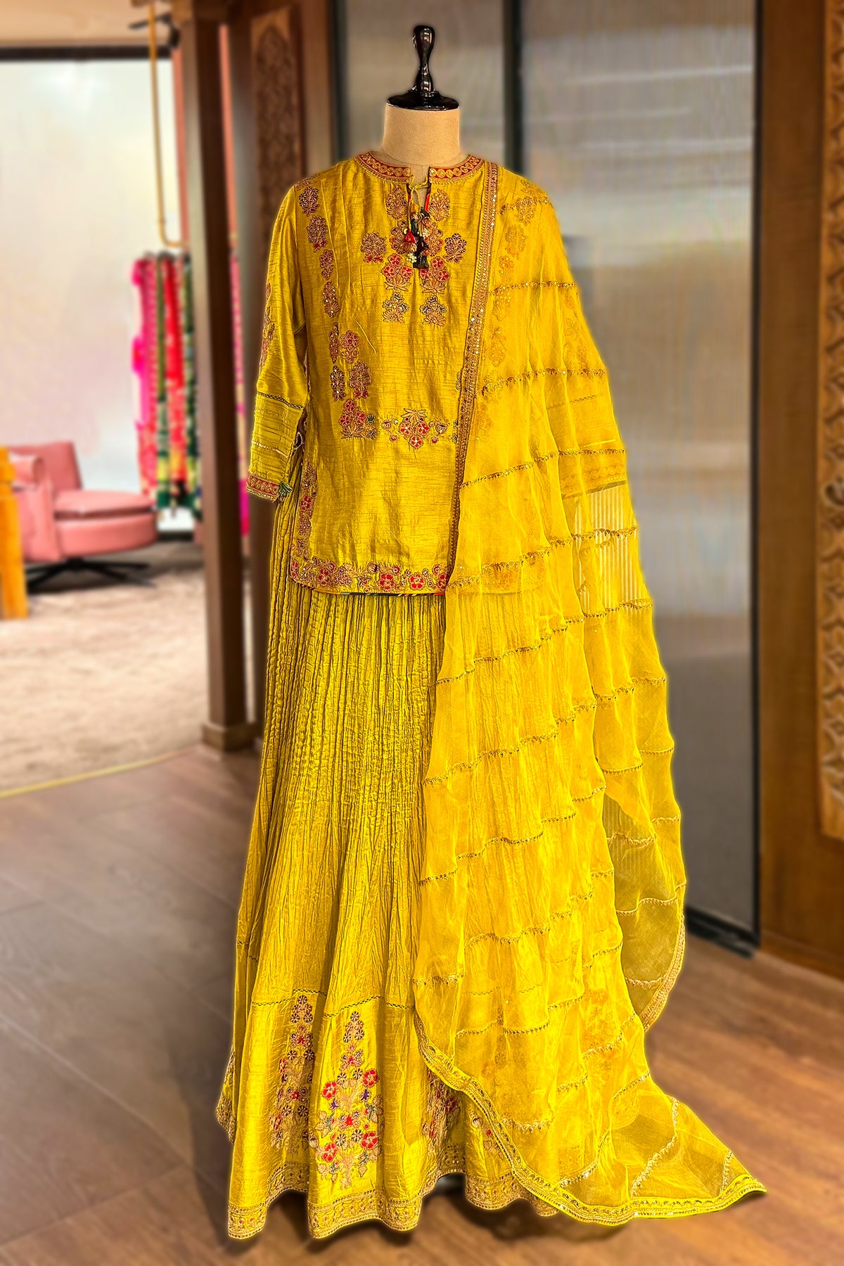 Light Yellow Chanderi Silk Sequin Embroidered Lehenga Set with sheer ruffled dupatta