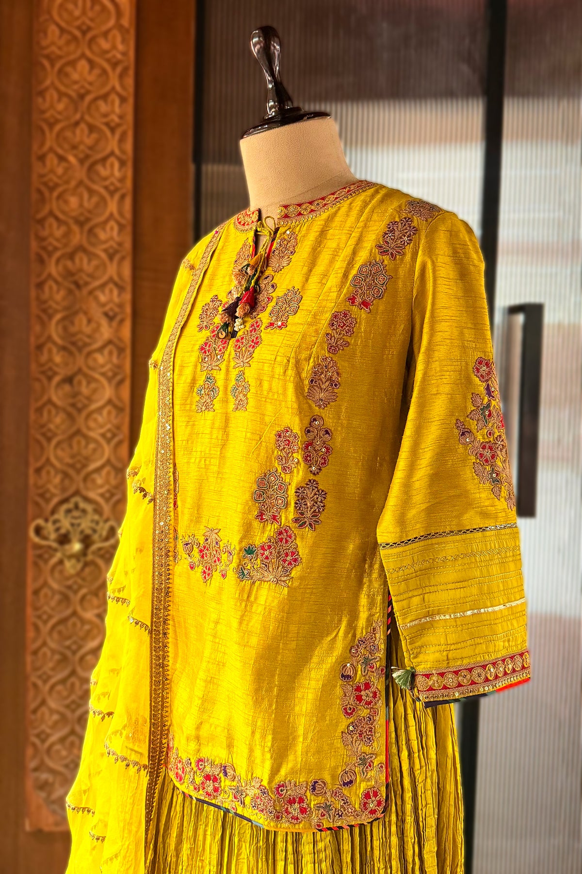 Light Yellow Chanderi Silk Sequin Embroidered Lehenga Set - red silk saree embroidered