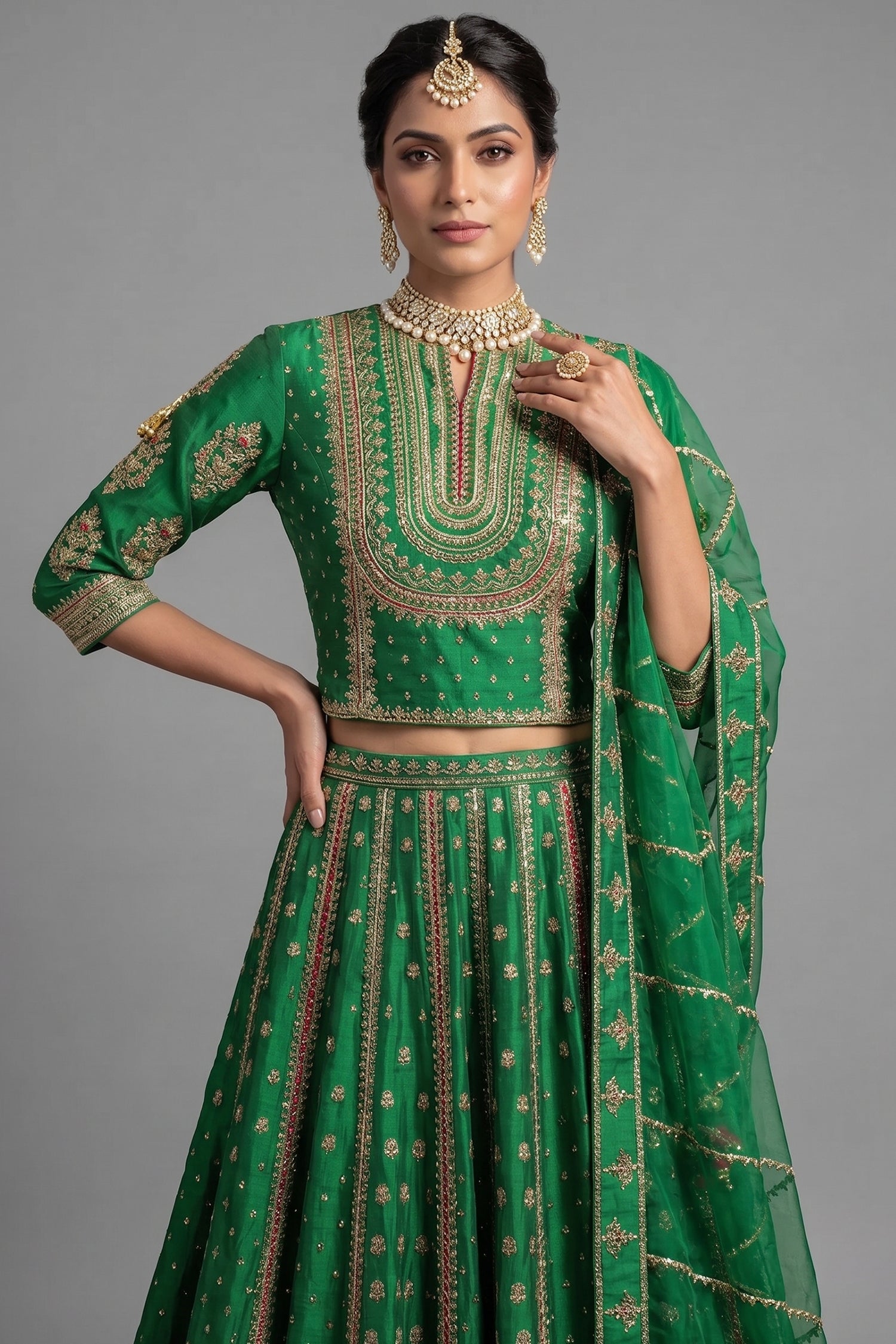 Dark Green Silk Sequin Embroidered Lehenga Set Secondary image