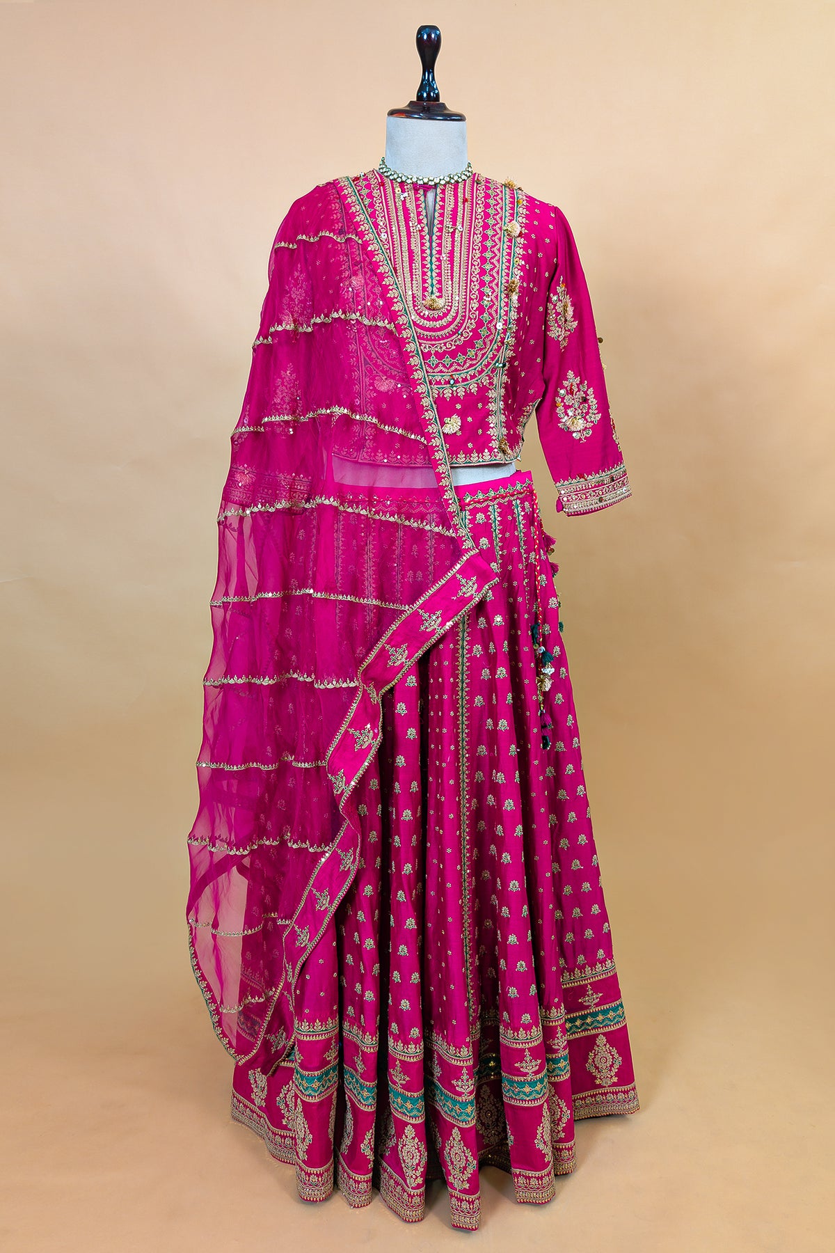 Rani Pink Silk Sequin Embroidered Lehenga Set - Front View